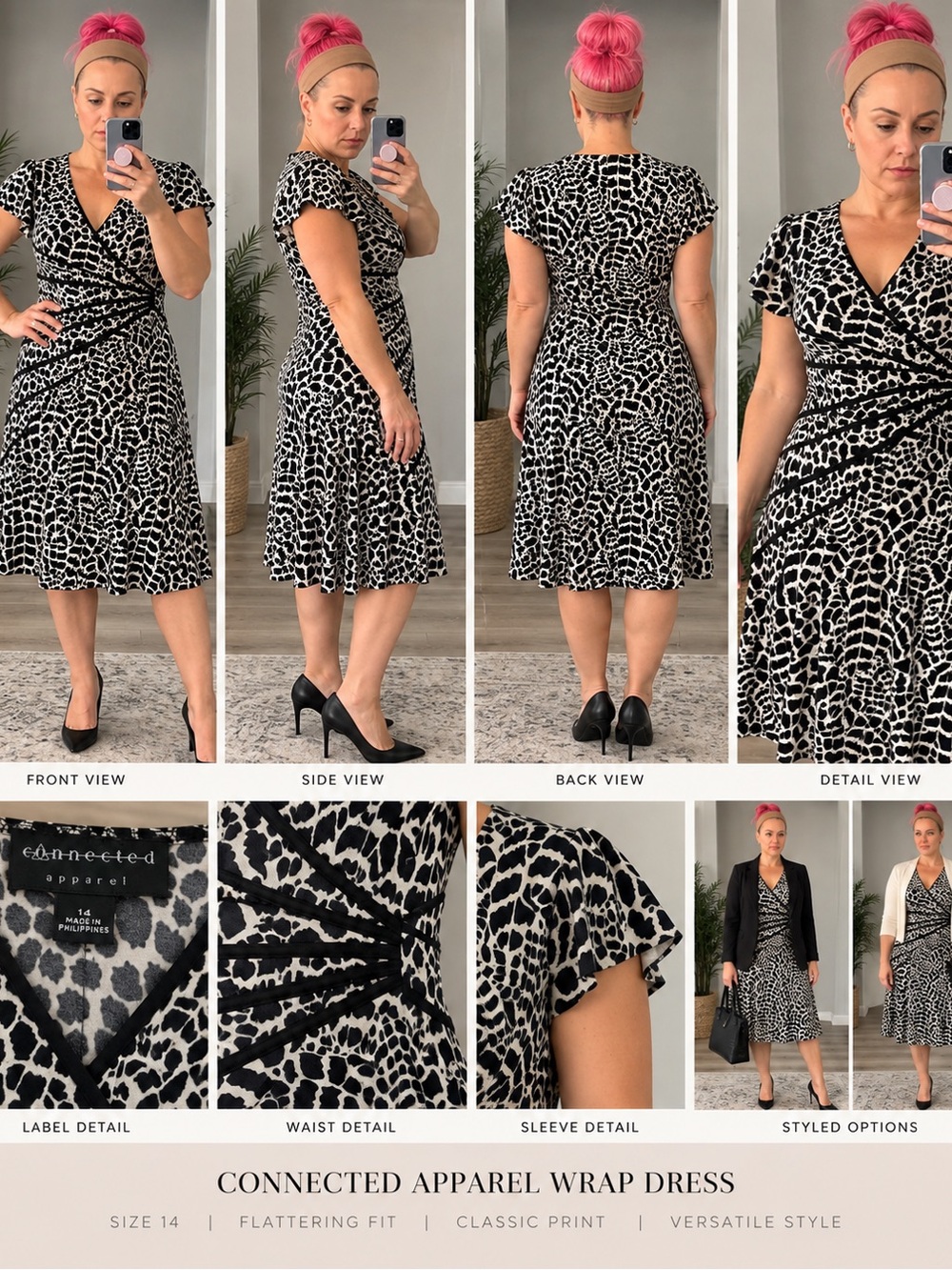 connected apparel Black and White Animal-Print Midi Wrap Dress